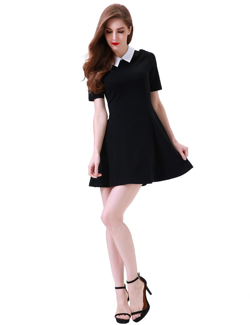 Aphratti Women's Short Sleeve Peter Pan Collar Cute Skater Dress Fit and Flare A-Line Casual Dresses Black Small - Image 3